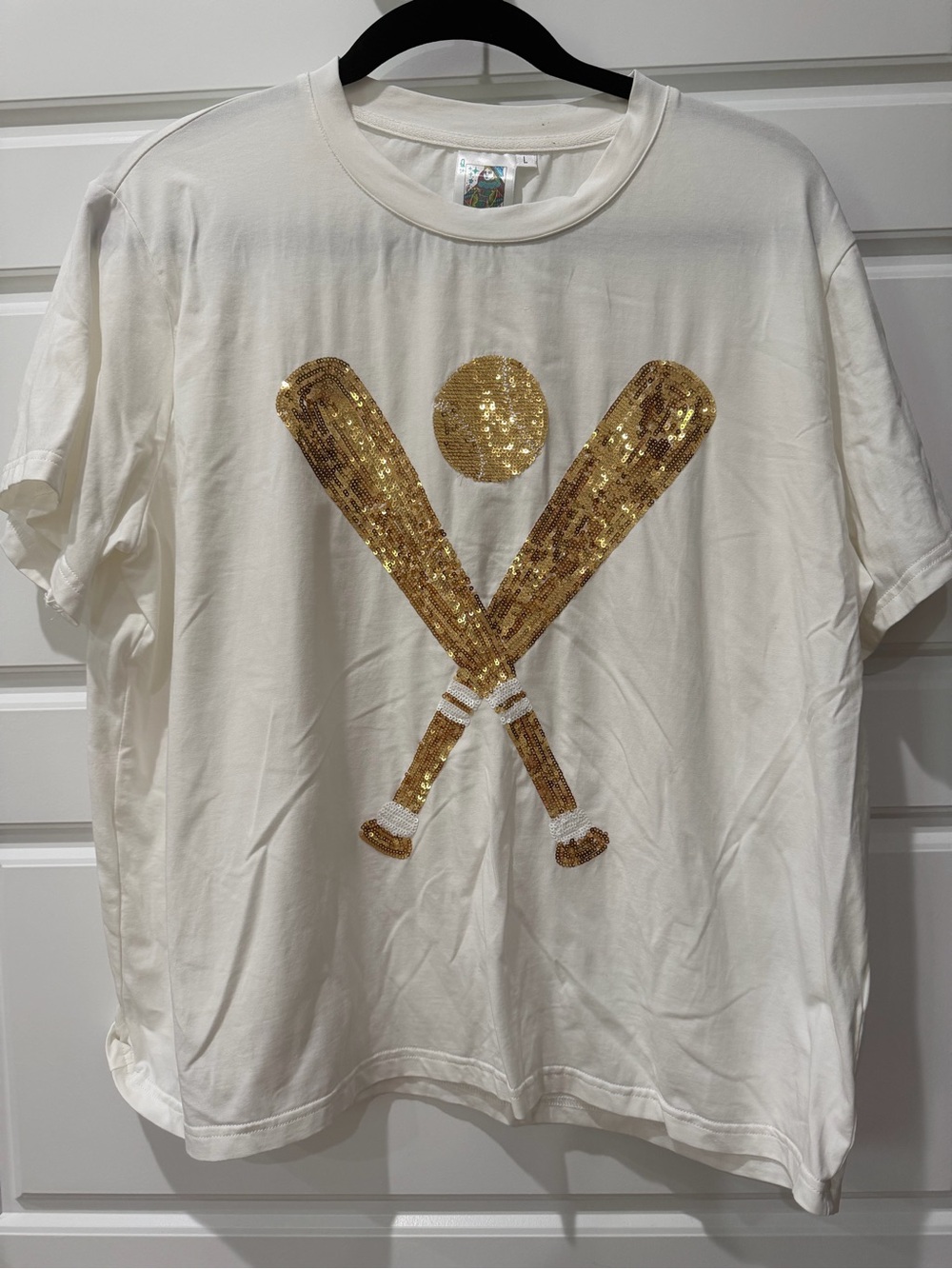 QUEEN OF SPARKLES White Tee with Gold Sequin Baseball Motif